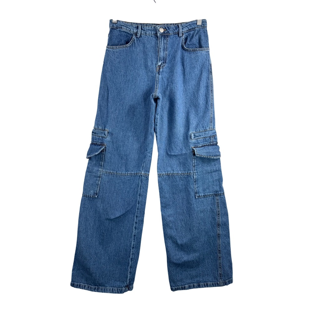 ZARA Wide Leg Cargo baggy‎ Jeans Blue  Distressed 90s Y2K street wear sz 4